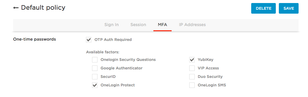 OneLogin Security Policies control what MFA options users have available