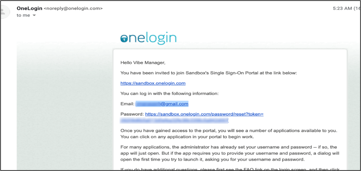 OneLogin Invite Email