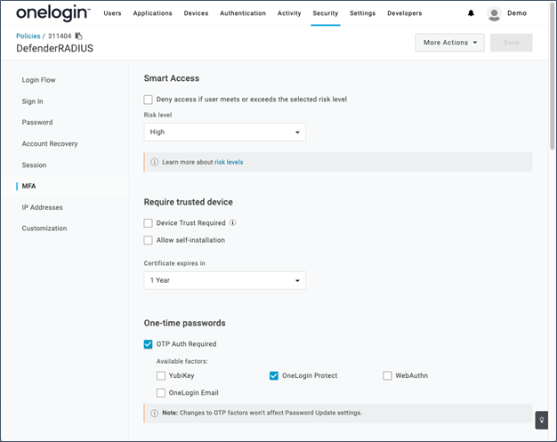 OneLogin User Policy requiring Multi Factor Authentication