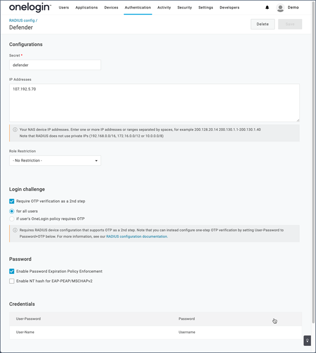 OneLogin RADIUS configuration