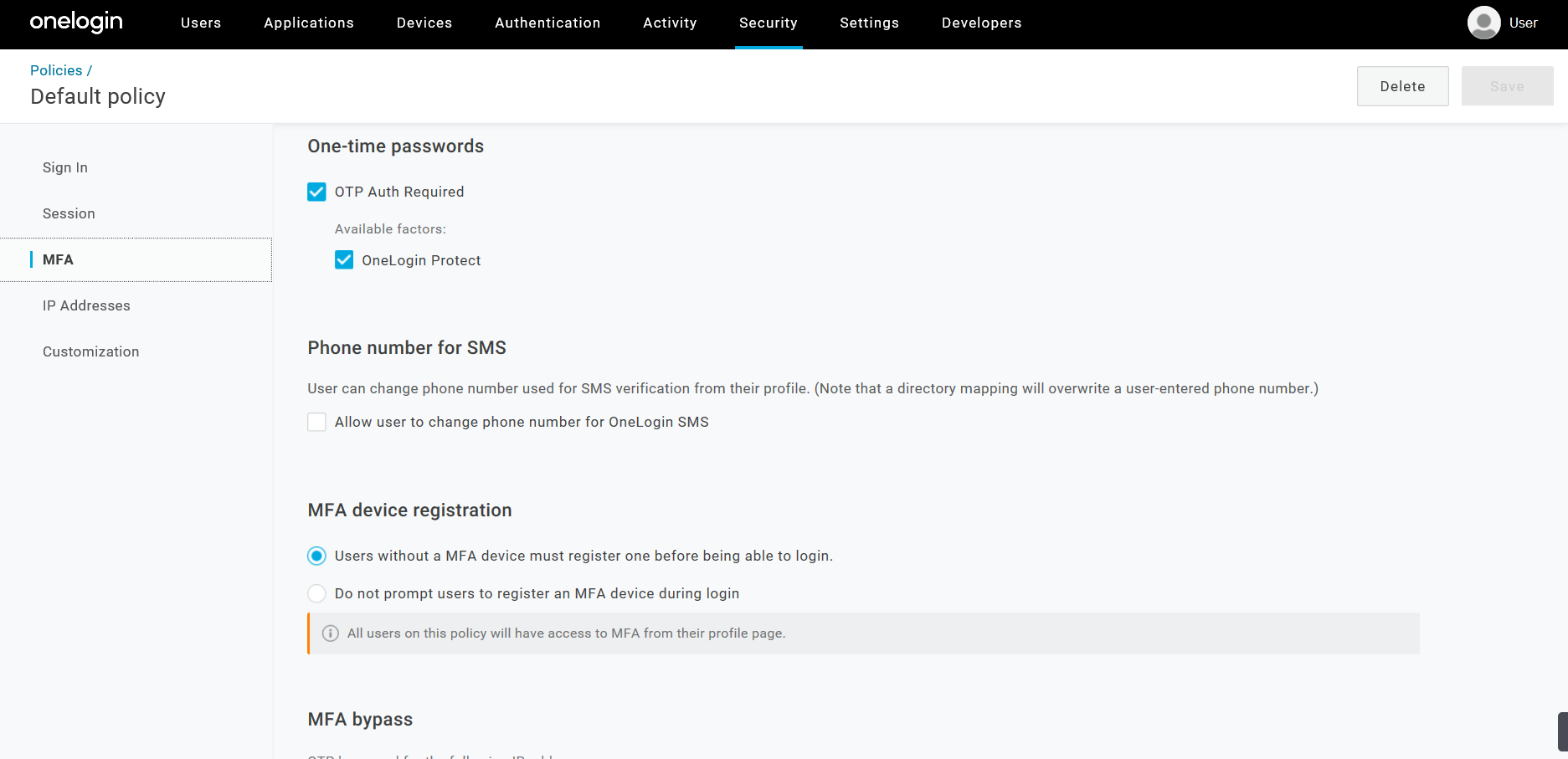 In the One-time passwords section, check OTP Auth Required and OneLogin Protect