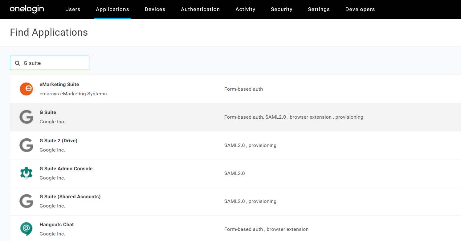 On the Find Applications page, select G Suite: Form-based auth, SAML2.0, browser extension, provisioning