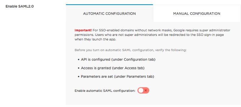 On the SSO tab, configure your SAML settings automatically with OneLogin’s One Click SAML setup