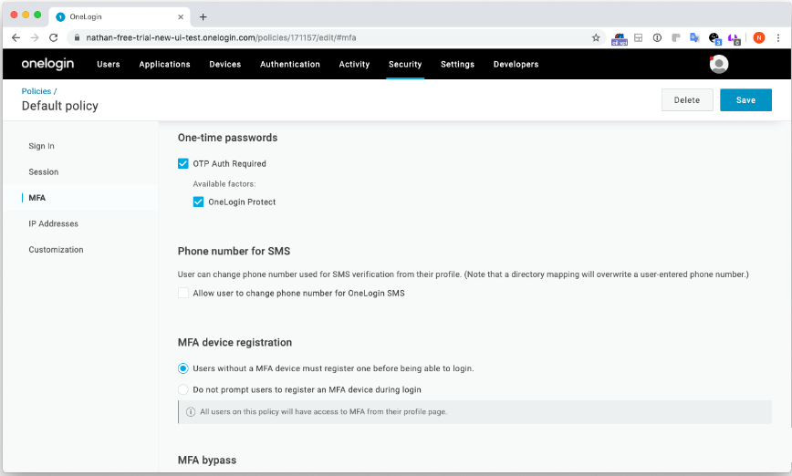 On the MFA page in the One-time passwords section, check OTP Auth required and select the factor(s) that you added in the previous step