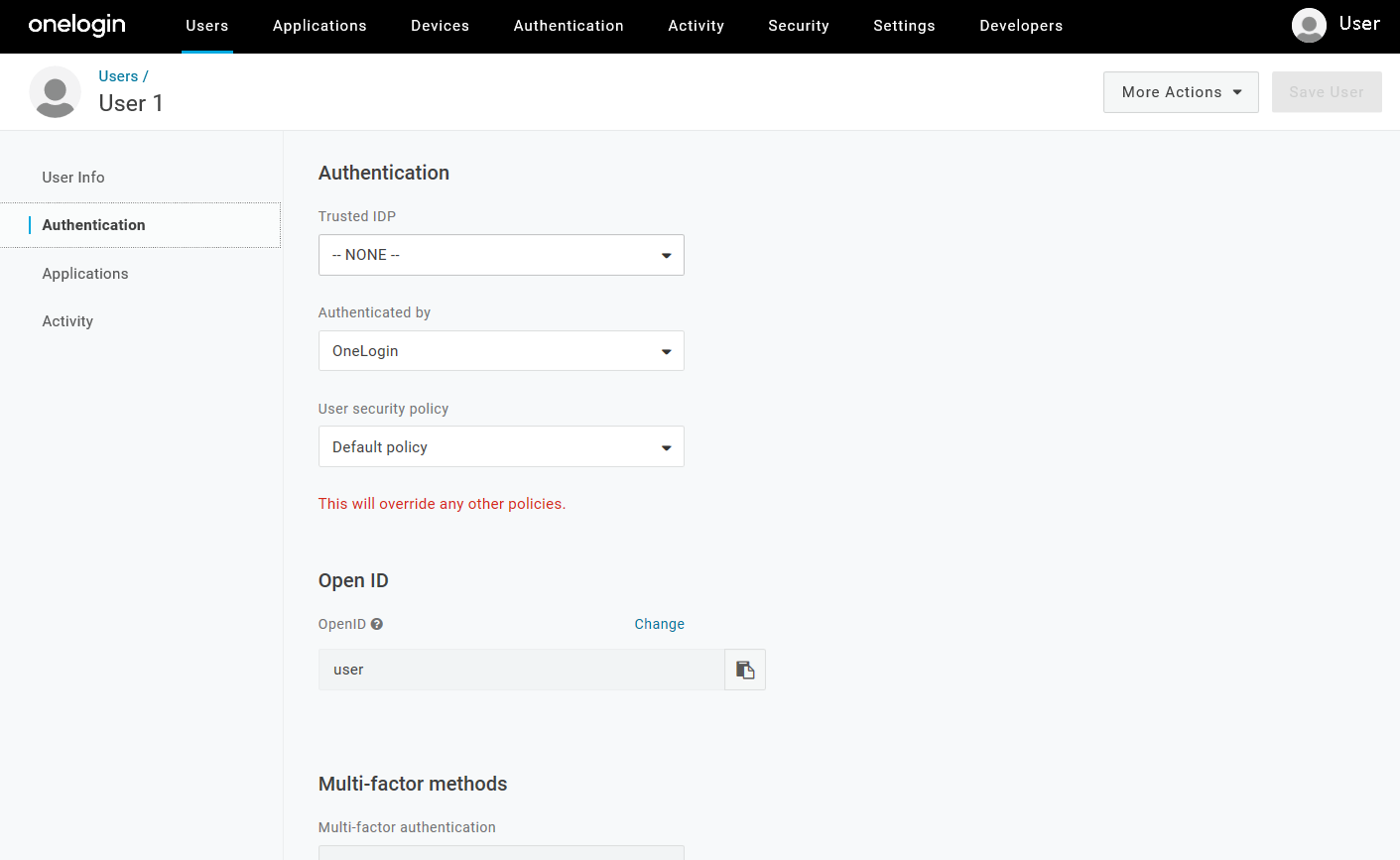 In the Authentication window, in the User security policy drop-down list, choose Default policy