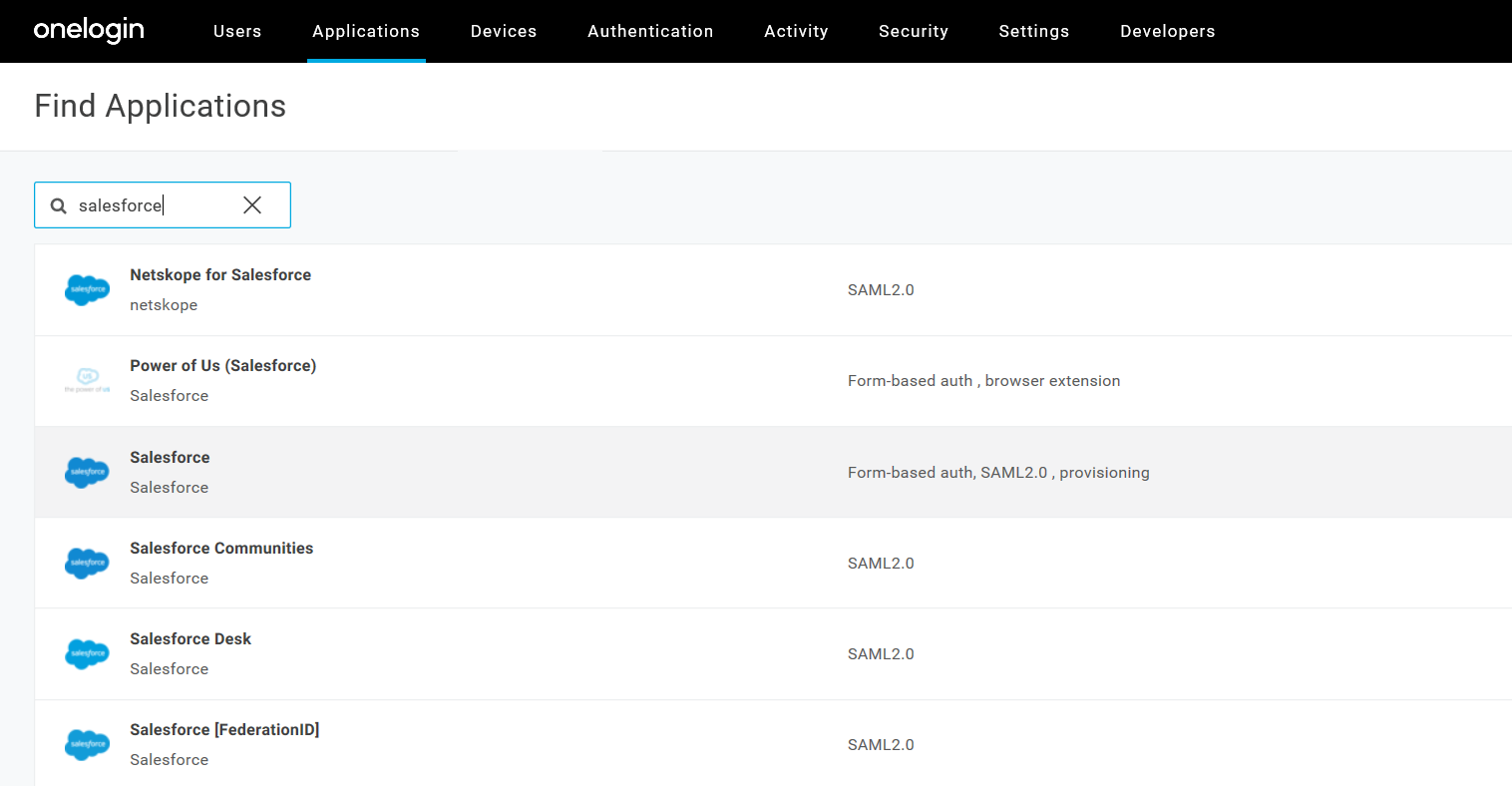 On the Find Applications page, select Salesforce: Form-based auth, SAML2.0, provisioning